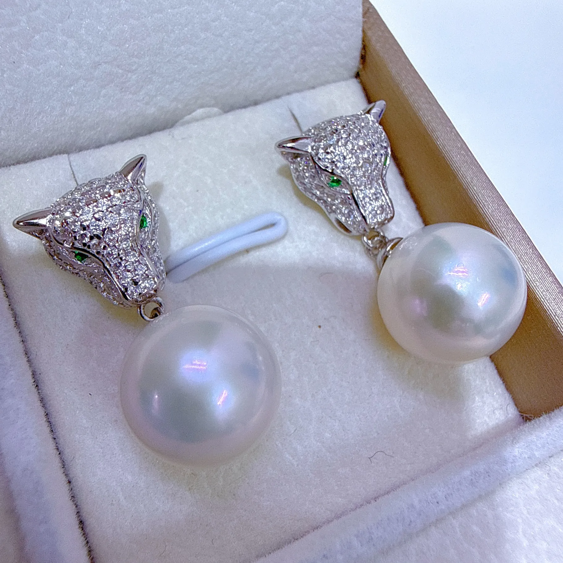 Authentic S925 Silver Leopard Head Universal Buckle Natural South Sea Pearl Pendant Earnail Ring Aaaa 11- 12Mm