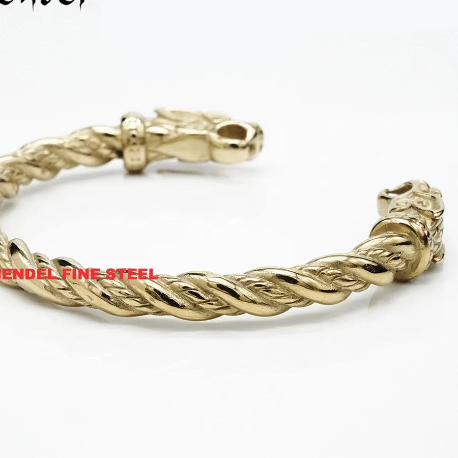 Authentic MENDEL Mens Y2K Gold Plated Tone Viking Wolf Head Cuff Bracelet