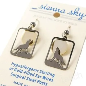 Authentic Sienna Sky Earrings Hematite Plated Wolf Howling at Gold Plated Moon Unique