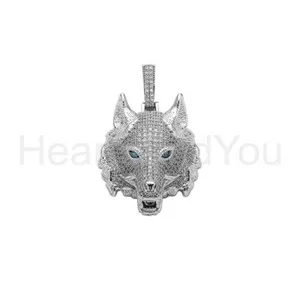 Authentic 4ct Round Cut Simulated Diamond Wolf Pendant 14K White Gold Plated NO CHAIN