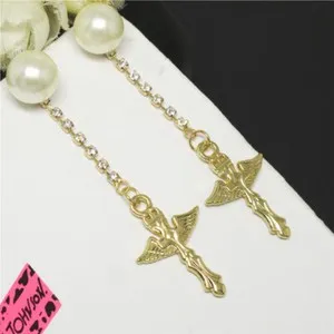 Authentic Celestial Wings Gold-Plated Angel Cross Pearl & Crystal Earrings