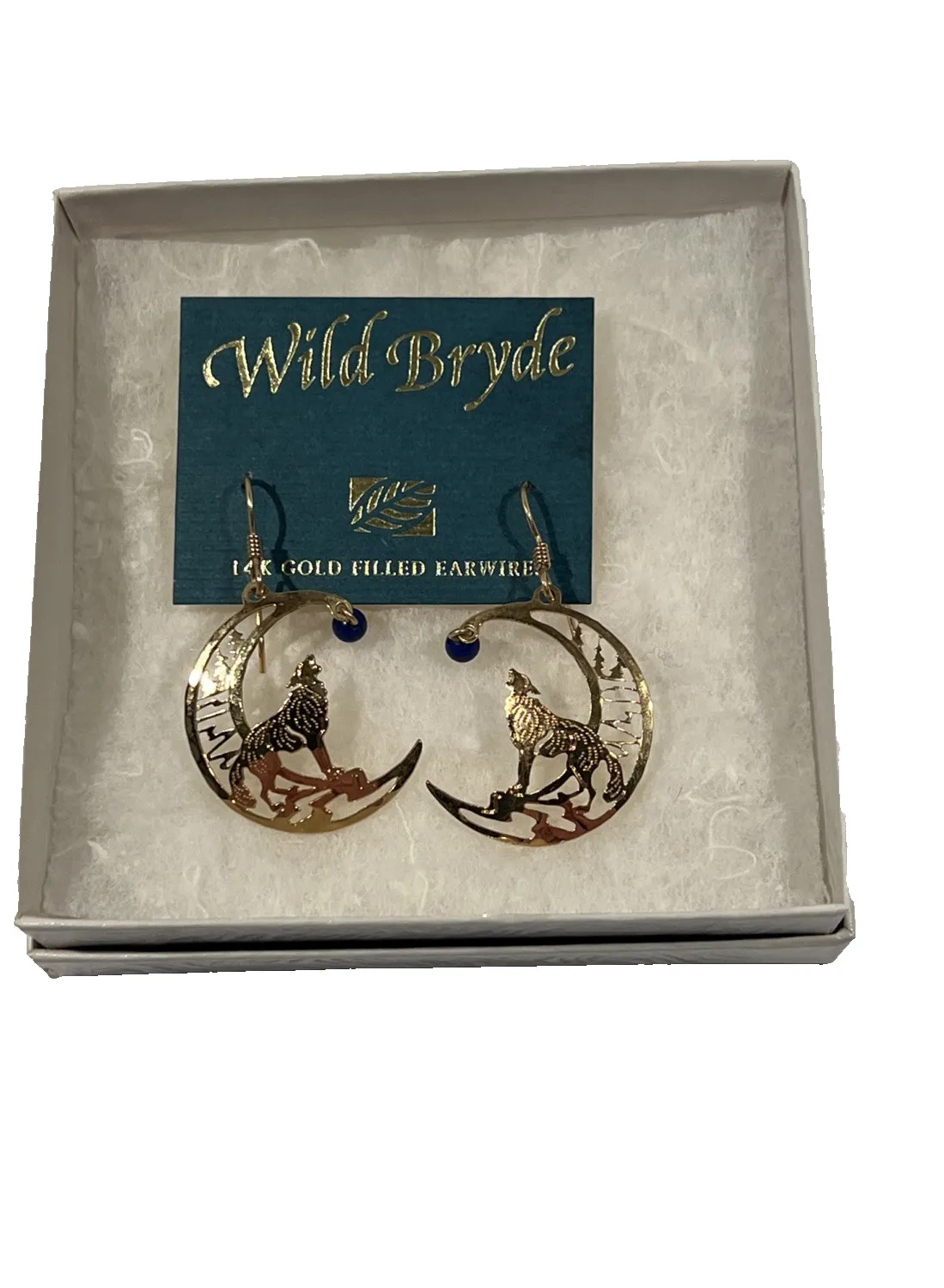 Authentic Wild Bryde Gold Plated Howling Wolf 1" Dangle Drop 14k Gold Filled Earrings
