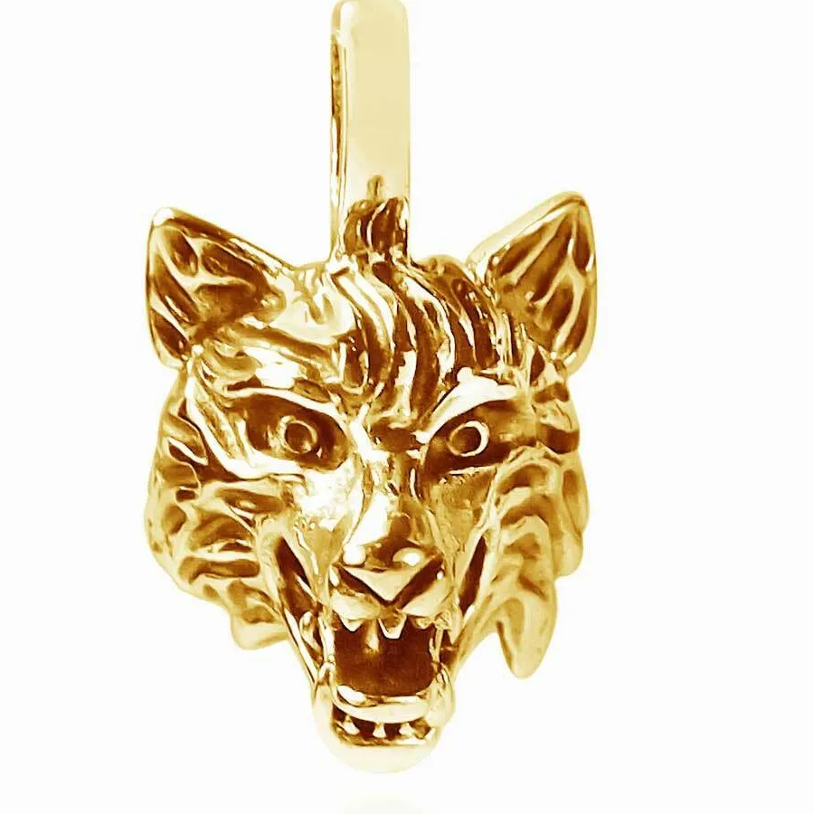 Authentic Howling Wild Wolf Head Pendant Necklace 14K Yellow Gold Plated Sterling Silver