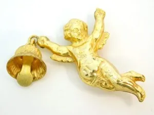 Authentic RARE VINTAGE MIRIAM HASKELL GOLD PLATED ANGEL CHERUB WITH BELL BROOCH ON CARD
