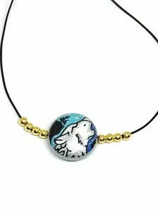 Authentic Necklace - Lone Wolf - Painted Round Stone Both Sides. With Gold Plated Beads.