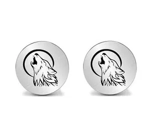 Authentic Fabulous Moon Wolf Engraved Round Disc Stud Earrings 10K White Gold Plated