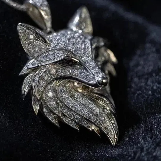 Authentic 2.9Ct Round Cut Moissanite Custom Animal Wolf Head Pendant 14K White Gold Plated