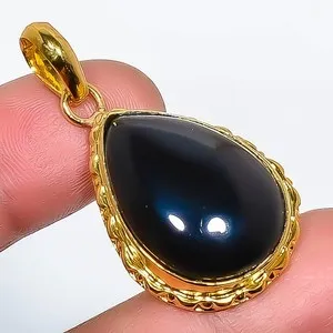 Authentic Shield of Protection: Black Onyx and 925 Silver Gold Plated Pendant