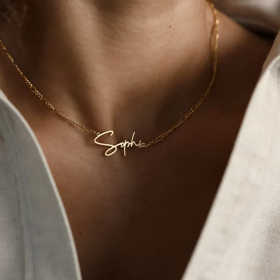 Authentic Custom Letter Name Personalized Necklace Pendant Gold Silver Figaro Chain Jewelry Collares Para Mujer