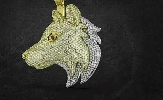 Authentic 2.50Ct Round Cut Real Moissanite Wolf Head Charm Pendant 14K Yellow Gold Plated