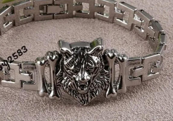 Authentic Solid Metal Men's Wolf Head 8" Charm Bracelet 14k White Gold Plated Silver