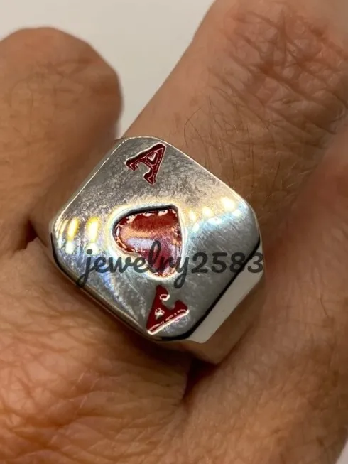 Authentic Ace Of Hearts Talismanic Ring In 14K White Gold Plated Sterling