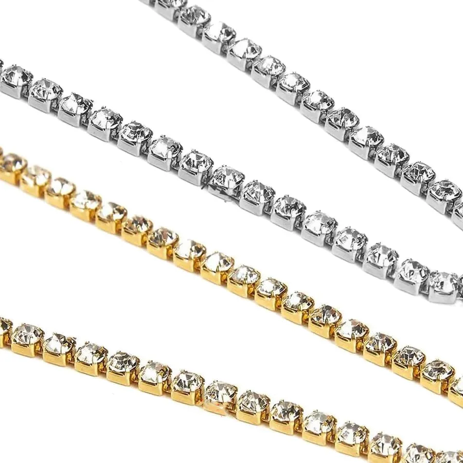 Authentic 1meter 2/3/4mm Gold Crystal Rhinestone Close Chain Trim Cup Diamond Chain for Charms Sewing Craft DIY Decoration Jewelry Making