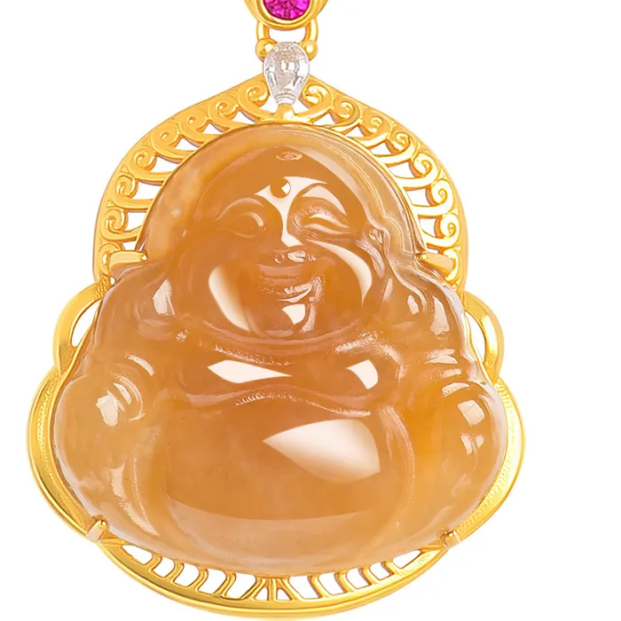 Authentic Radiant Sugar‑Yellow Hetian Jade Laughing Buddha Amulet – S925 Silver‑Set Blessing Necklace