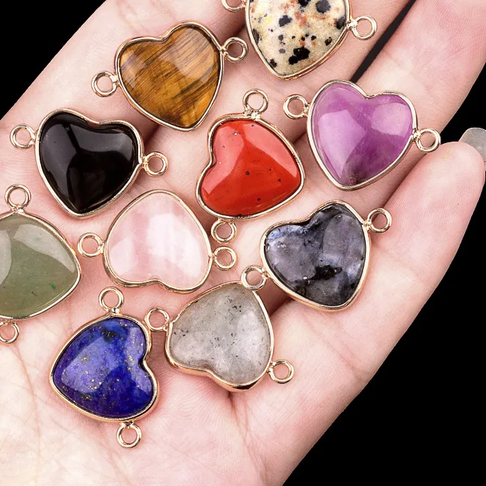 Authentic 1/2/3/5pcs Gold silver Edge Metal Heart Stone Pendant Natural Howlite Agate Quartzs Heart Connector Charms for Jewelry Making