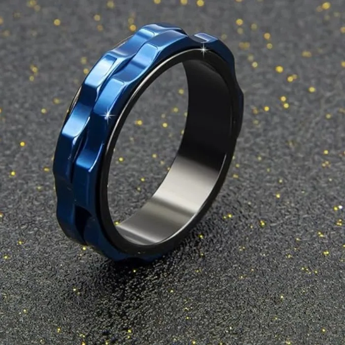 Authentic 6Mm High Polished Spinner Ring With Square Texture Gear Rotating Anxiety Fidget Ring Jewelr
