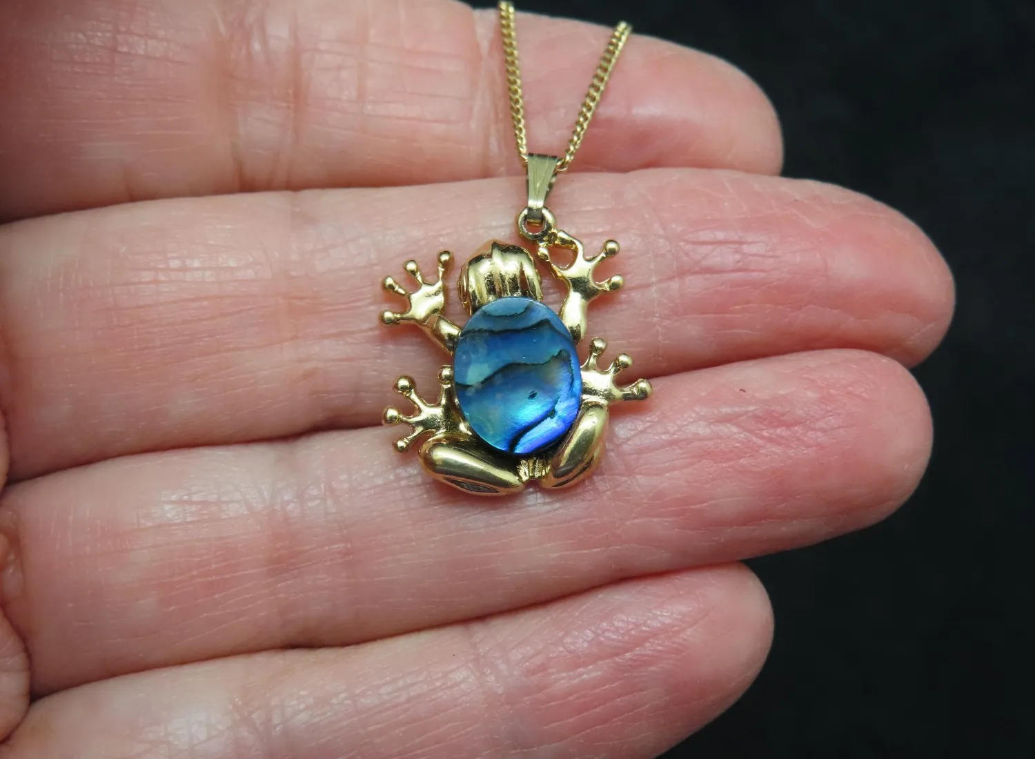 Authentic Vintage Gold Plated Chain w/Blue Abalone Frog Slide Pendant/Necklace
