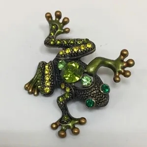 Authentic Gold Plated Frog Pin with Green Crystals and Enamel Hands