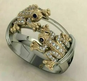 Authentic Enchanted Art Deco Frog Amulet Ring with Luminous Moissanite - 14K White Gold Plated