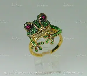 Authentic 2Ct Lab Created Round Emerald & Ruby 14K Yellow Gold Plated Frog Ring