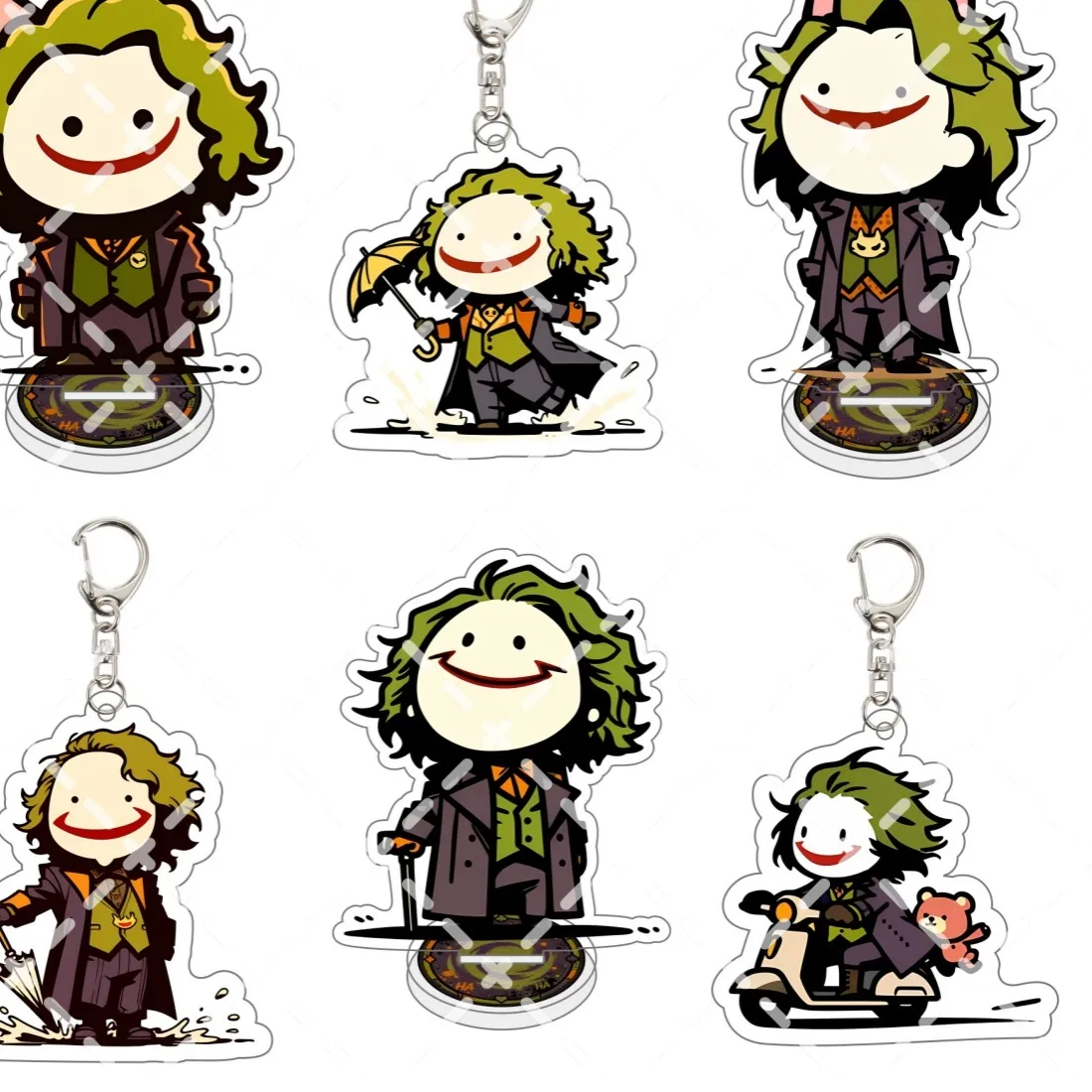 Authentic Clown Style Acrylic Stand Keychain, Green Hair Character Riding Scooter With Teddy Bear Bag
