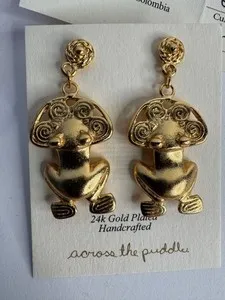 Authentic 24k Gold Plated Frog Spiral Earrings Inspired By Pre-Columbian Art Tarona Cultur