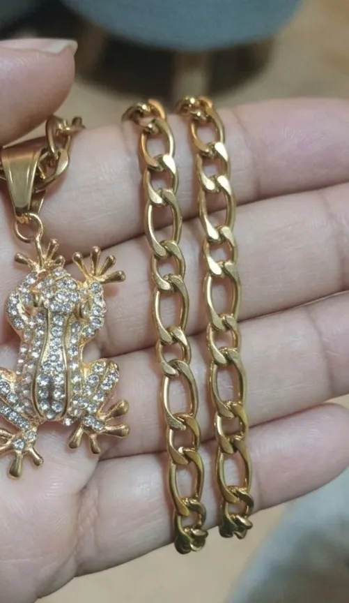 Authentic Men's Gold Plated Frog Pendant Necklace 22" Figaro Chain 1.5" Iced Out Charm