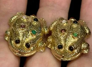 Authentic Vintage Judith Leiber Cabochon Gold Plated Frog Earrings