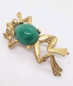 Authentic Vintage Frog Brooch Green Glass Body 10k Gold Plated Rhinestone Kiss Prince