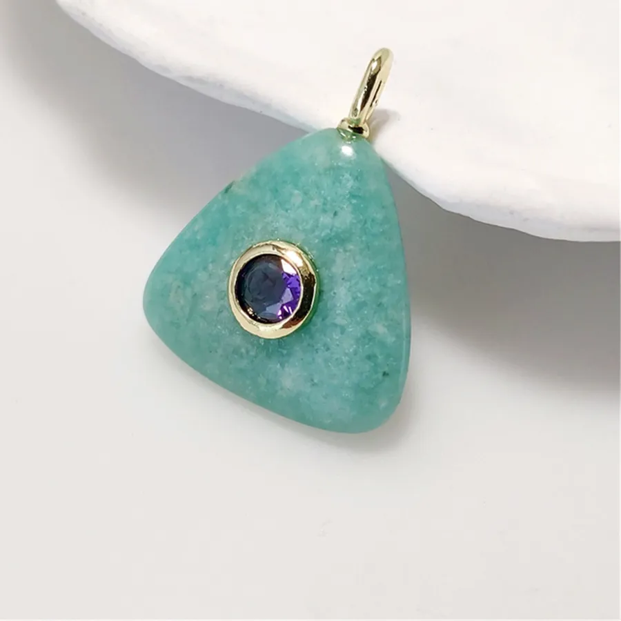Authentic 1Pc Handmade Triangle Crystal Pendant, Amethyst or Tiger Eye with Round CZ, Boho Jewelry for Women PD152