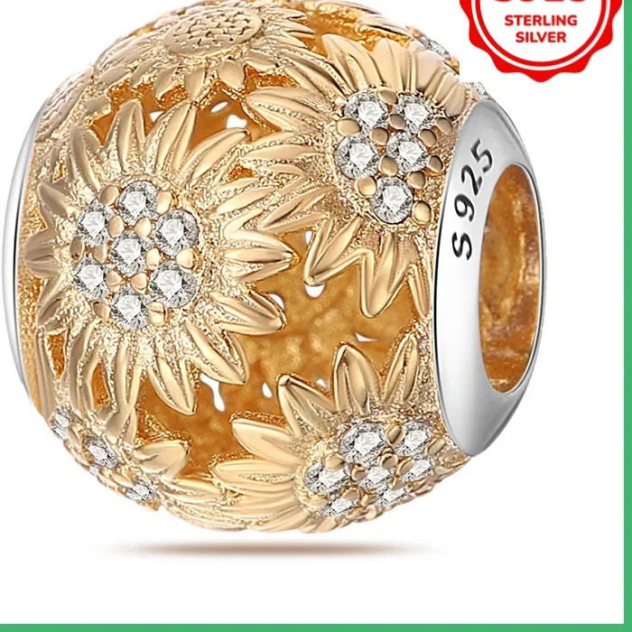 Authentic 925 sterling silver original gold sunflower charm beads DIY bracelet necklace engagement birthday jewelry gift
