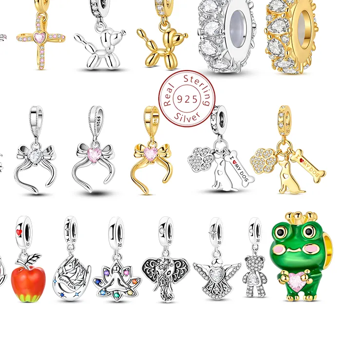 Authentic 925 Sterling Silver Gold Plated Balloon Dog Elephan Bow Charms Beads Frog Crucifix Pendant Fit 3Mm Original Bracelet Diy Jewelry