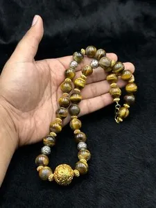 Authentic Unique Natural Good Quality Round Tiger's Eye And Gold Plated Beaded Necklace