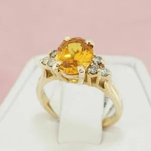 Authentic Radiant Solar Citrine and Diamond Ring in Yellow Gold Plated Silver