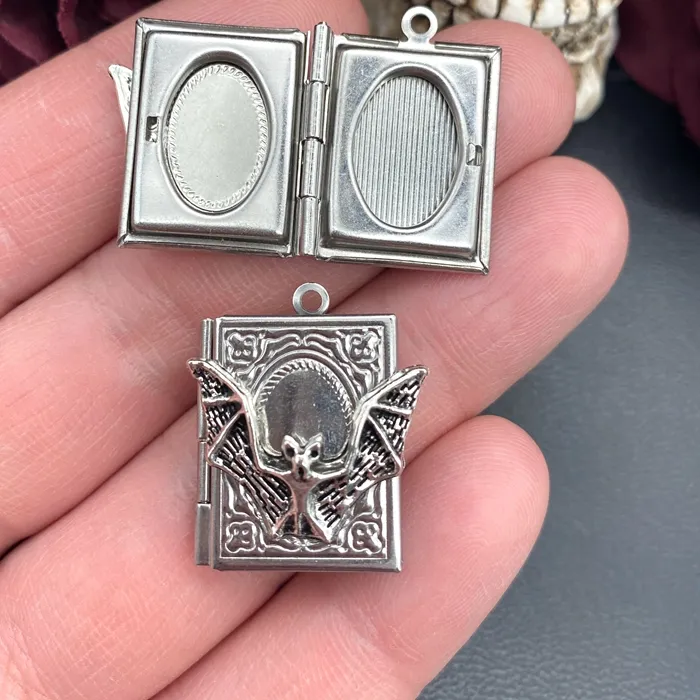 Authentic 2pcs 27*22mm Bat Book Locket Charms Stainless Steel  Photo Frame Pendant Designer Charms For Jewelry Making DIY Jewelry Findings