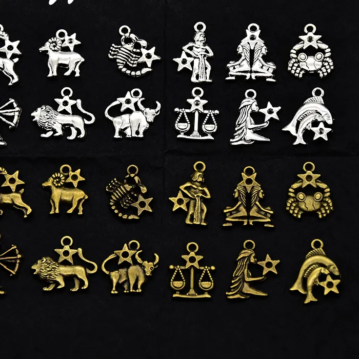 Authentic 12pcs(1set) Wholesale Two Color Zodiac Charms Alloy Metal Constellation Pendants For DIY Handmade Jewelry Accessories Making
