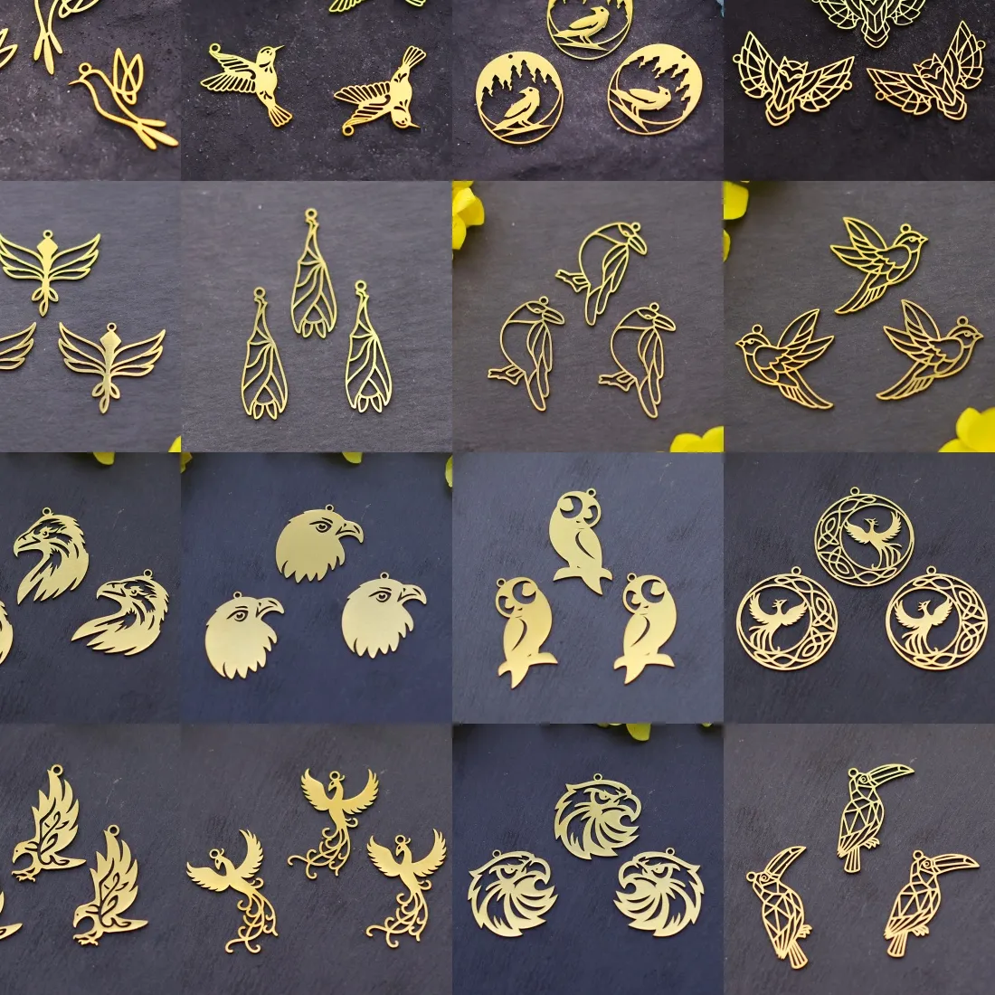 Authentic 3pcs Gold Color Flying Bird DIY Charms Hummingbird Phoenix Eagle Bat Owl Fit Earring Jewelry Making Stainless Steel Pendant Bulk