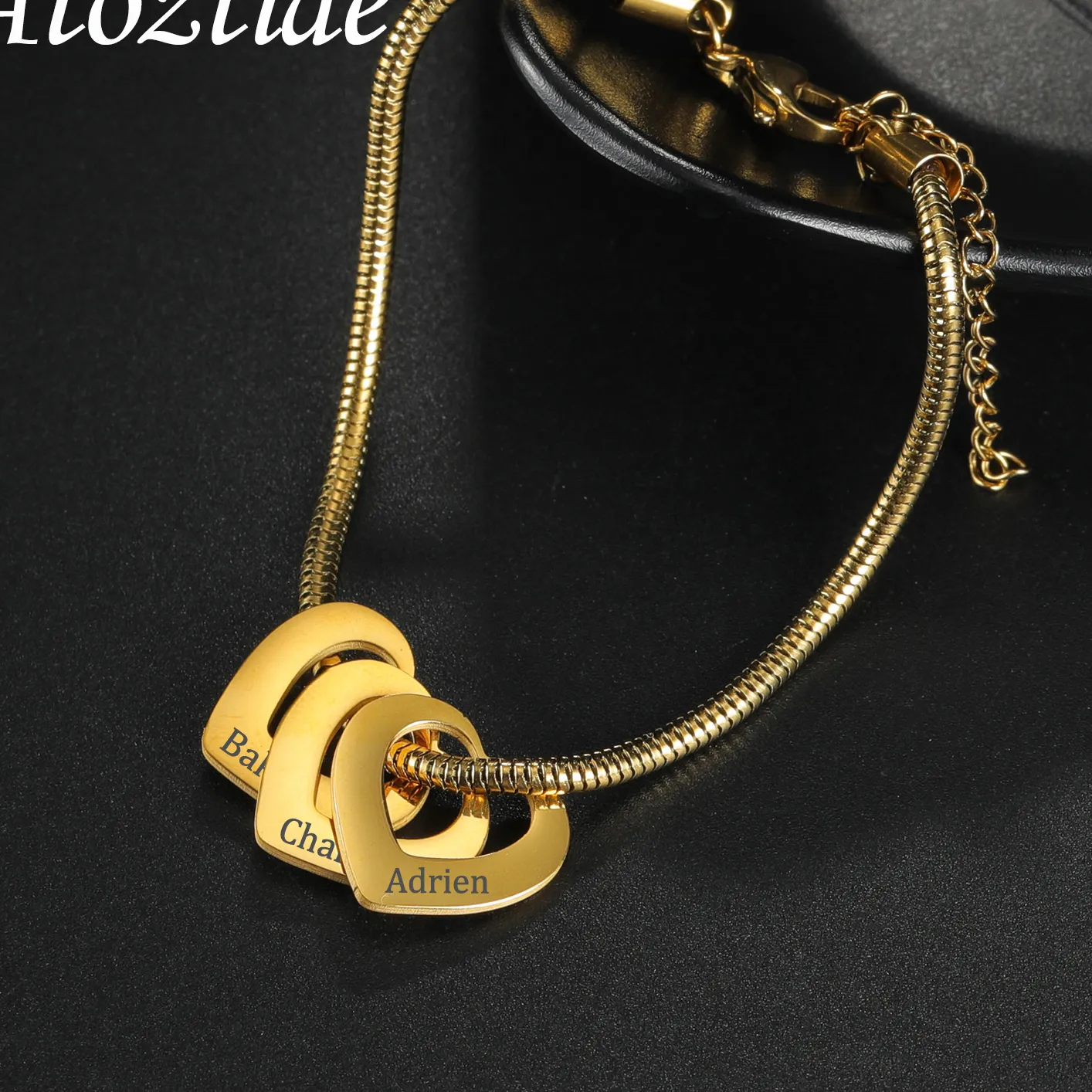 Authentic Atoztide Personalized Custom Heart Name Bracelet Engrave Letter Round Snake Chain Jewelry