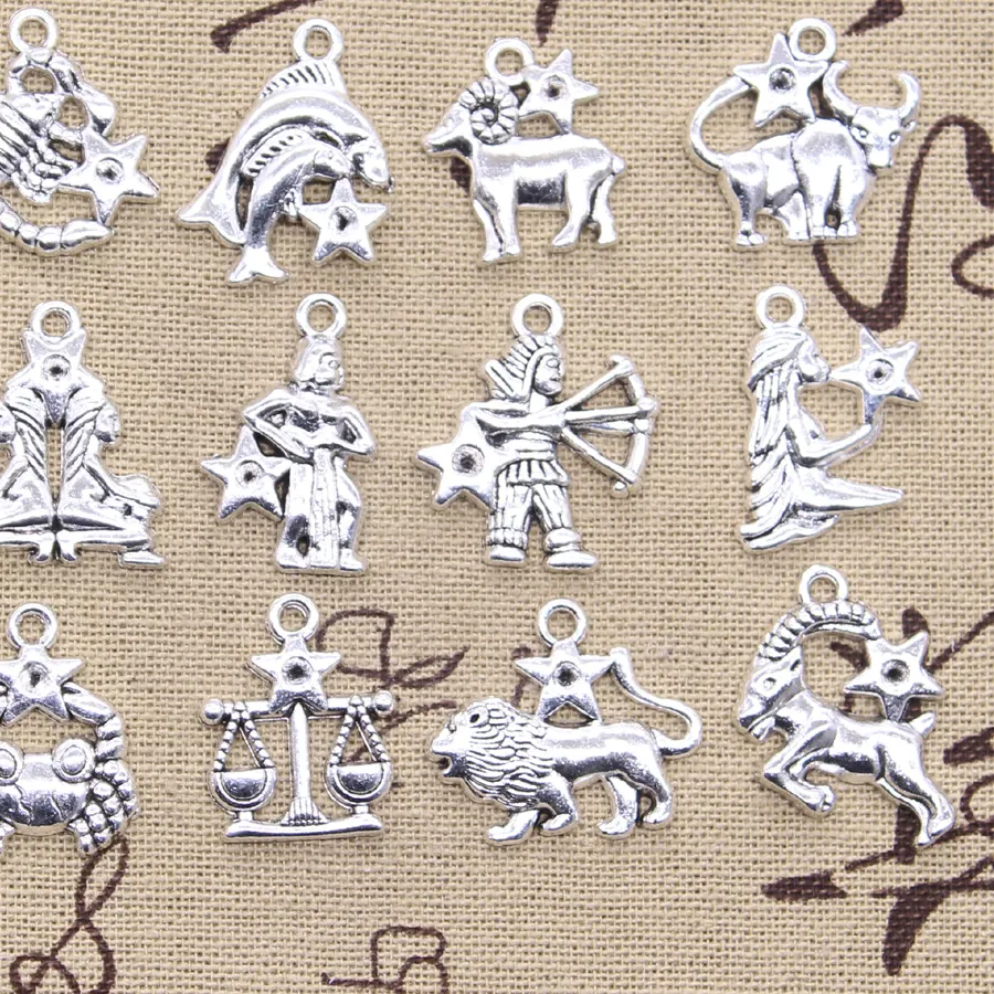 12Pcs Charms Zodiac Capricron Aquarius Aries Cancer Leo Libra Taurus Scorpio Sagittarius Vigro Gemini Pisces Diy Antique Pendant