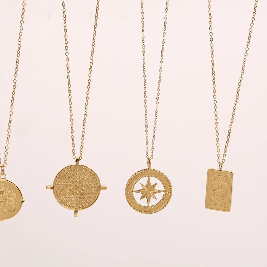 Authentic Stainless Steel 18K Gold Plated North Star Sun Lion Fortune Compass Coin Signet Pendant Necklace for Women Girl Jewelry Gift
