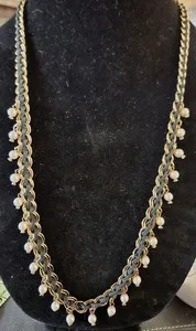 Authentic Gold Plated Necklace With Black Leather Cord And Dangling Faux Pearls 30 In