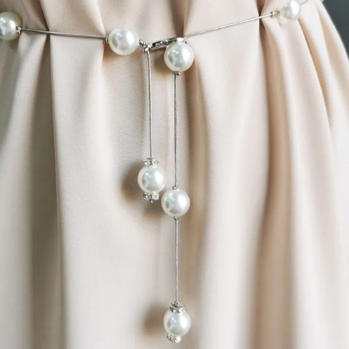 Authentic 1Pc Pearl Women's Belt Simple Adjustable Metal Thin Chain Belt For Ladies Dress Skinny Waistband Decorative Jewelry.