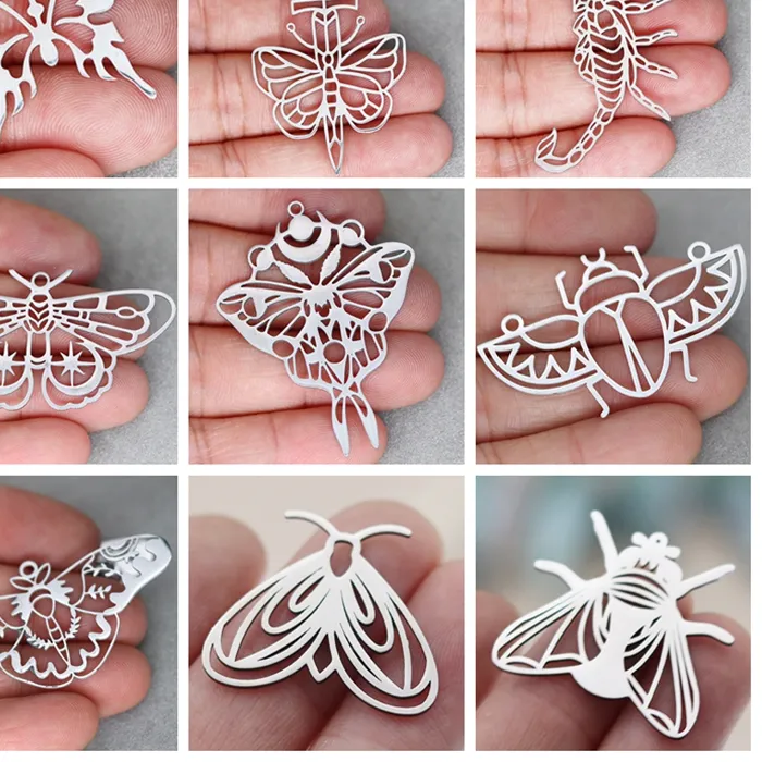 Authentic 3pcs Art Line Insect Charms Butterfly Mooth Cicada Beetle Pendant Fit Earrings Necklace Jewelry Making Accessory