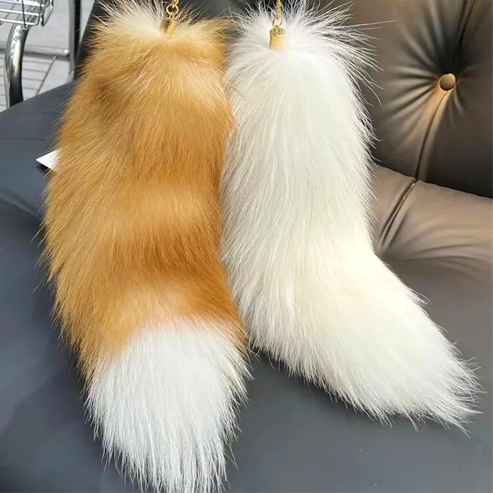 Authentic 40Cm Real Fox Fur Tail Keychain Wolf Tail Fur Tassel Bag Charm Tag Black And Brown Pompom Charm Keyring Holder Strap Chain Gifts