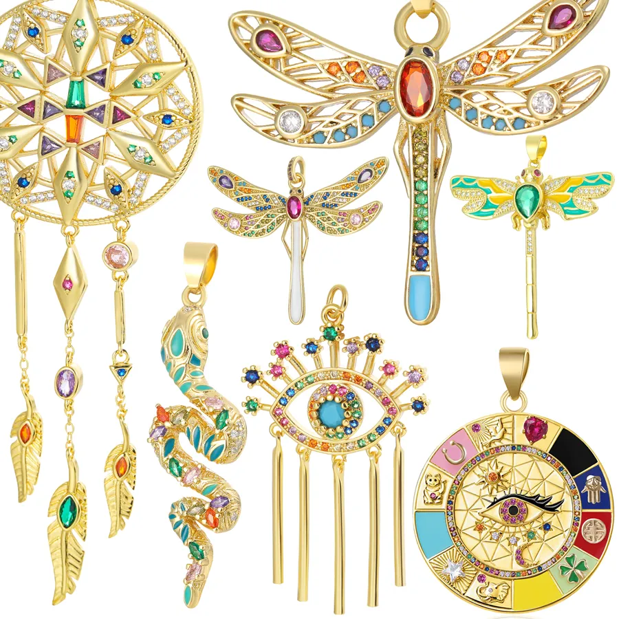 Authentic Juya 18K Gold Plated Colorful Enamel Dragonfly Snake Dreamcatcher Greek Evil Eye Charms For DIY Mother's Day Jewelry Making
