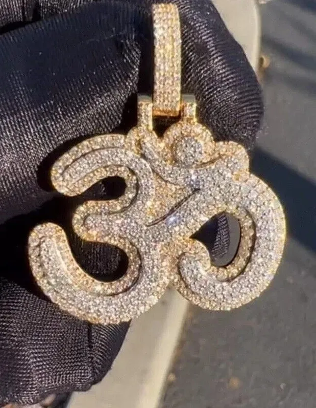 Authentic 3.50CT Round Cut Real Moissanite 14k Yellow Gold Plated Silver Custom OM Pendant