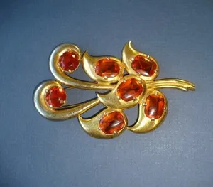 Authentic The Golden Foliage of 1940s Eisenberg Original Leaf Pin Clip Brooch with Rosecut Topaz