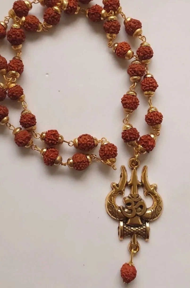 Authentic 24K Gold Plated 5 Mukhi Rudraksha Mala Shiva Trishul Om Pendant Necklace Unisex