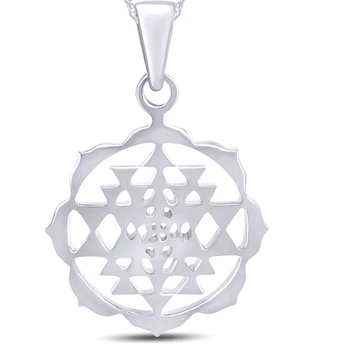 Authentic Sacred Geometry Sri Yantra and Om 14K White Gold Plated Silver Talisman Necklace