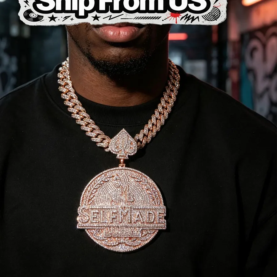 Authentic Self Made Iced Out Pendant 18K Rose Gold Plated Cubic Zirconia Hip Hop Necklace Accessories Symbolizes Self- Made Success, Wealth & Peak Fortune 3D Round Medal With Matching Iced Cuban Chain For Young Entrepreneurs Rappers Street Fine Jewelry